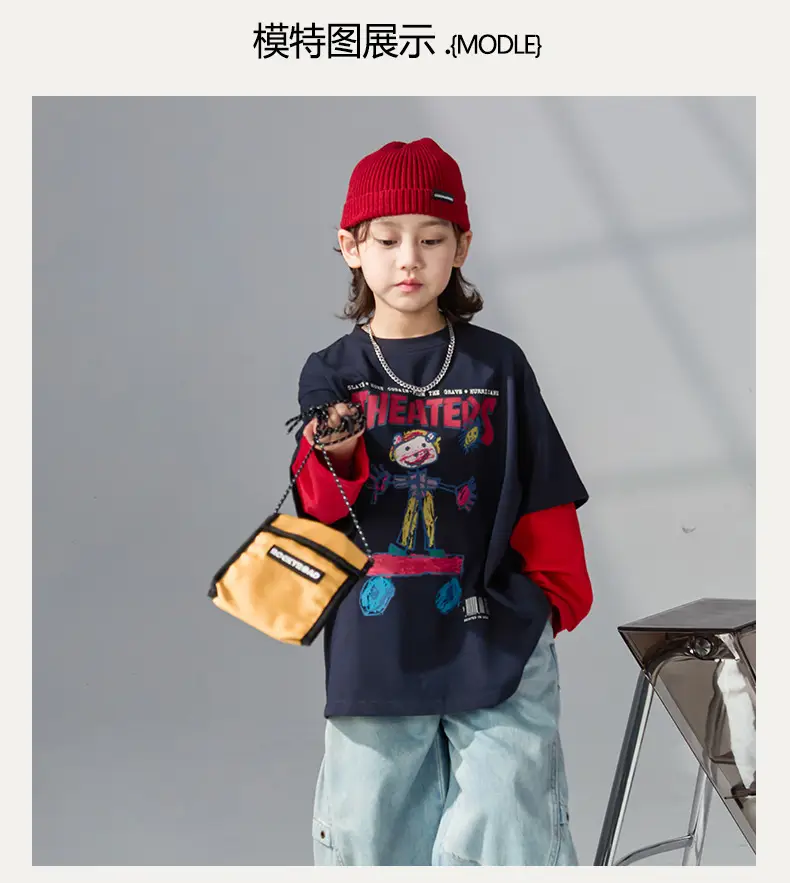 Boys Fake Two-Piece Long Sleeve T-Shirt Black Red — feature 5