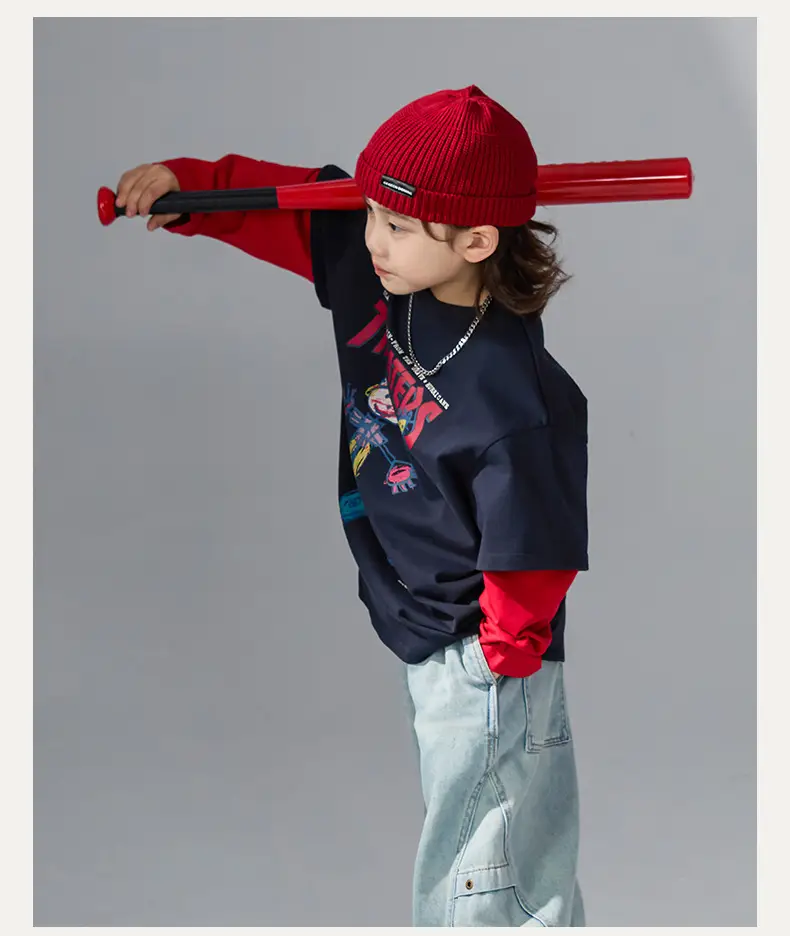 Boys Fake Two-Piece Long Sleeve T-Shirt Black Red — feature 6