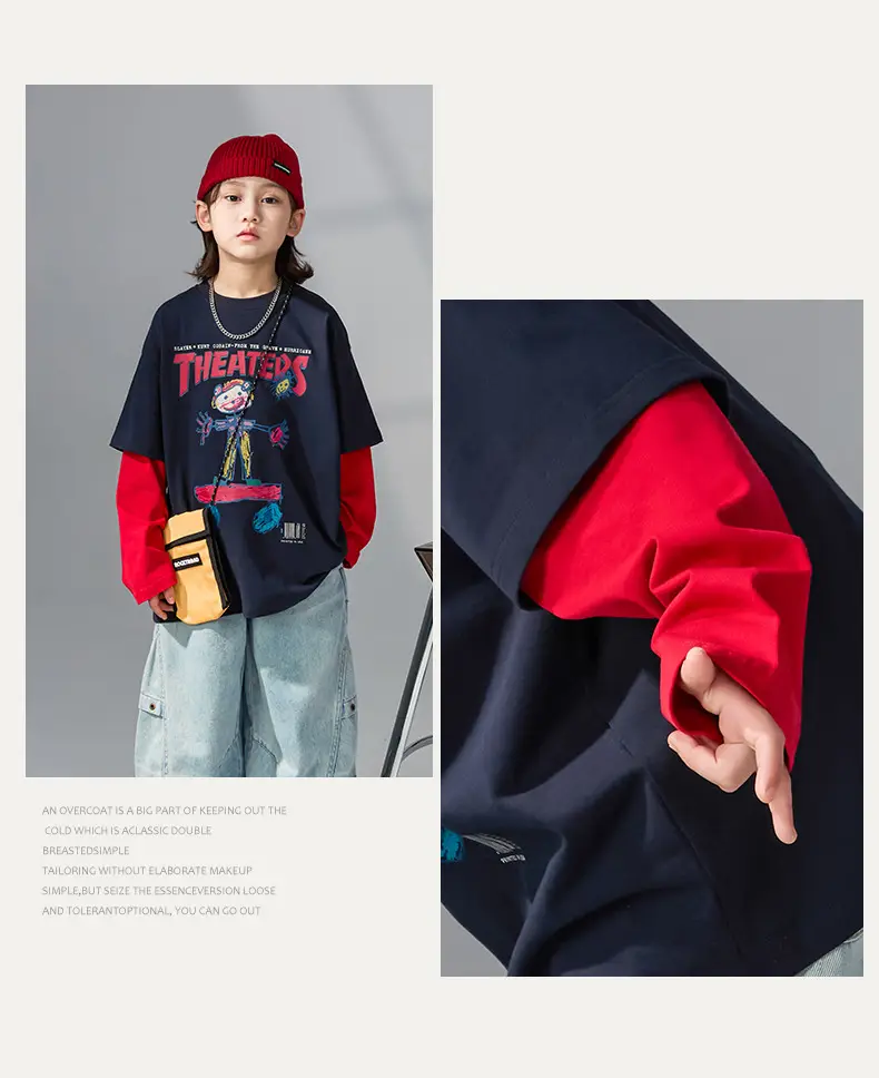Boys Fake Two-Piece Long Sleeve T-Shirt Black Red — feature 7