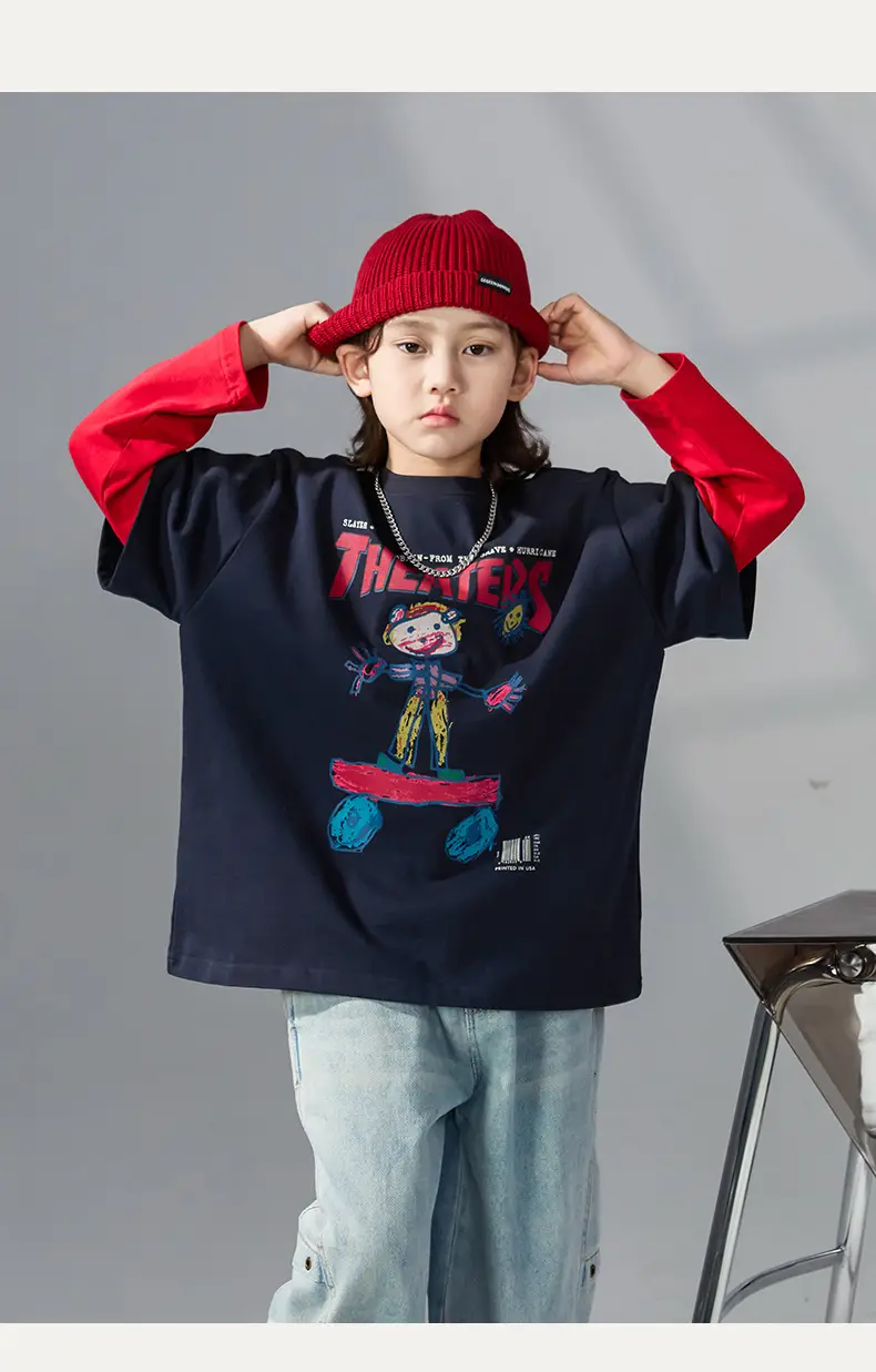 Boys Fake Two-Piece Long Sleeve T-Shirt Black Red — feature 8