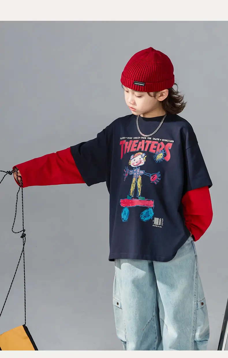 Boys Fake Two-Piece Long Sleeve T-Shirt Black Red — feature 9
