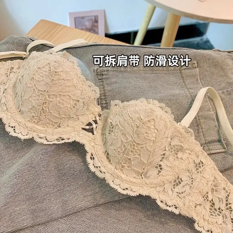 French Style Summer Strapless Strapless Underwear Women's Thin Large Chest Shown Small Beautiful Back Lace Sexy Pure Desire Bra suit — feature 15