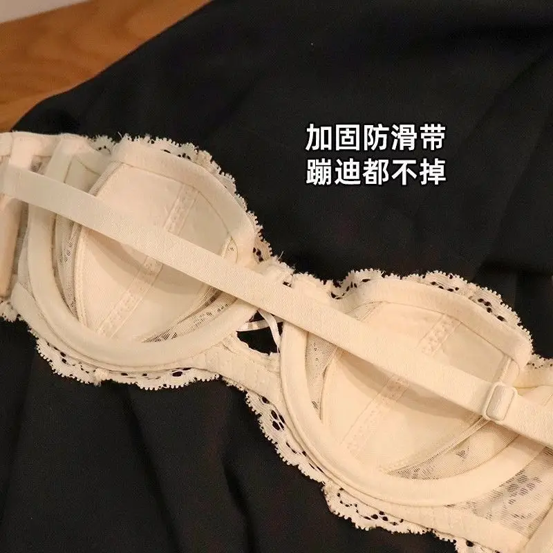 French Style Summer Strapless Strapless Underwear Women's Thin Large Chest Shown Small Beautiful Back Lace Sexy Pure Desire Bra suit — feature 16
