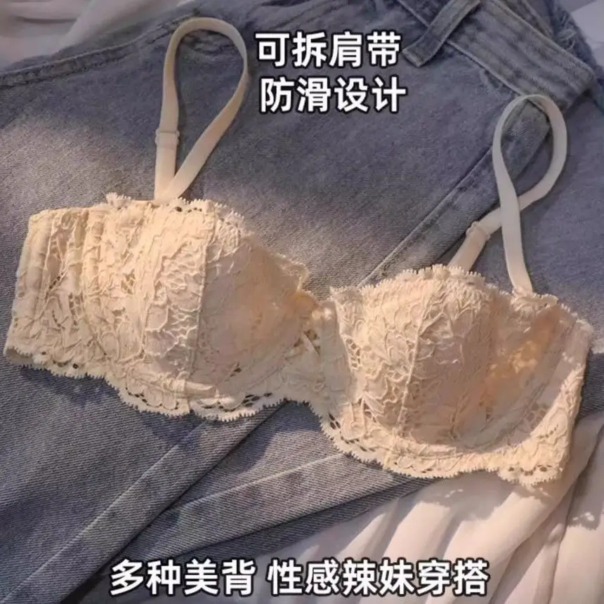 French Style Summer Strapless Strapless Underwear Women's Thin Large Chest Shown Small Beautiful Back Lace Sexy Pure Desire Bra suit — feature 17