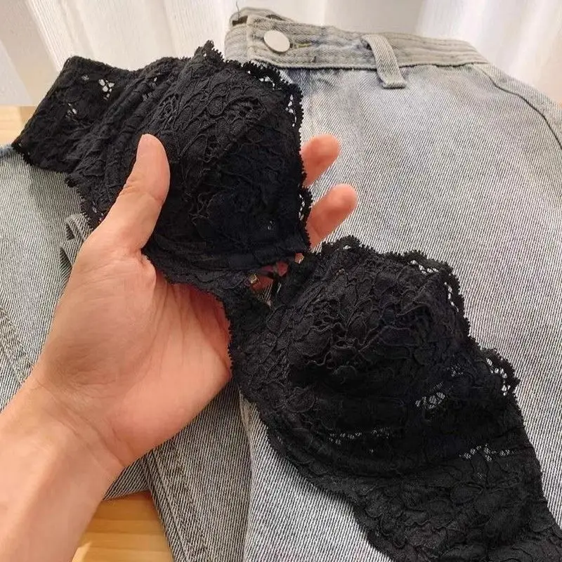 French Style Summer Strapless Strapless Underwear Women's Thin Large Chest Shown Small Beautiful Back Lace Sexy Pure Desire Bra suit — feature 19