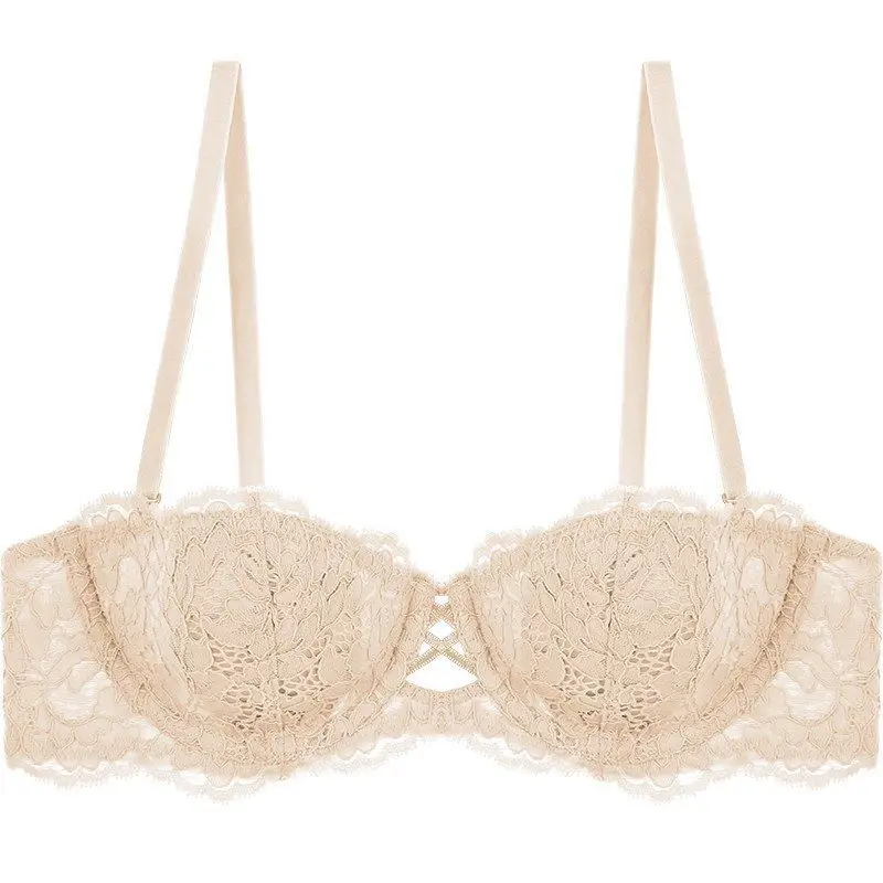 French Style Summer Strapless Strapless Underwear Women's Thin Large Chest Shown Small Beautiful Back Lace Sexy Pure Desire Bra suit — feature 2