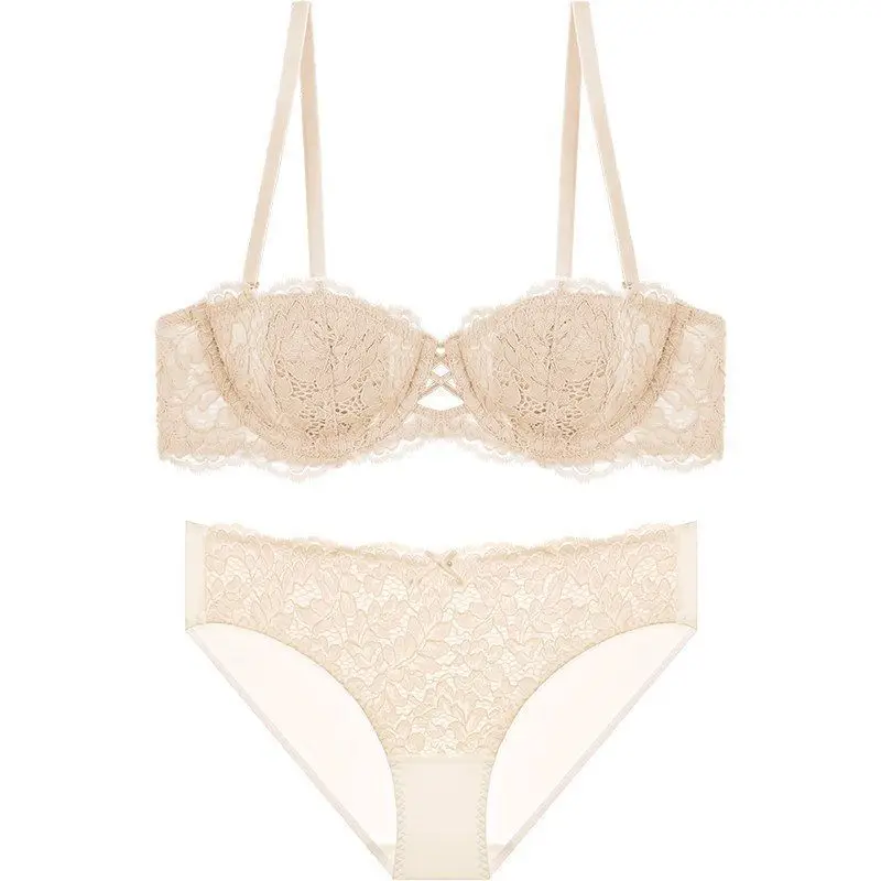French Style Summer Strapless Strapless Underwear Women's Thin Large Chest Shown Small Beautiful Back Lace Sexy Pure Desire Bra suit — feature 6