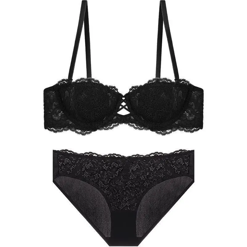 French Style Summer Strapless Strapless Underwear Women's Thin Large Chest Shown Small Beautiful Back Lace Sexy Pure Desire Bra suit