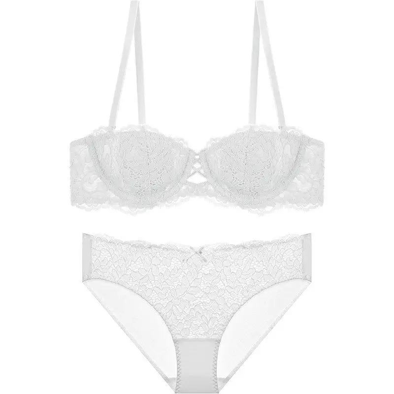 French Style Summer Strapless Strapless Underwear Women's Thin Large Chest Shown Small Beautiful Back Lace Sexy Pure Desire Bra suit