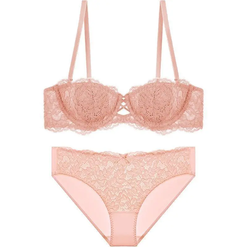 French Style Summer Strapless Strapless Underwear Women's Thin Large Chest Shown Small Beautiful Back Lace Sexy Pure Desire Bra suit