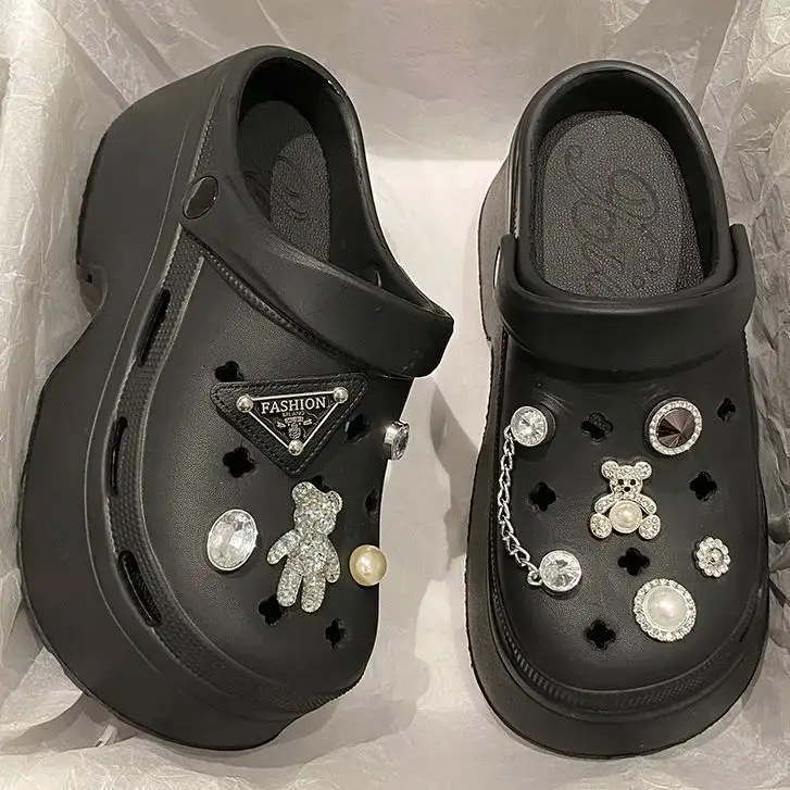 Women EVA Cave Slippers Black Pearl Decor