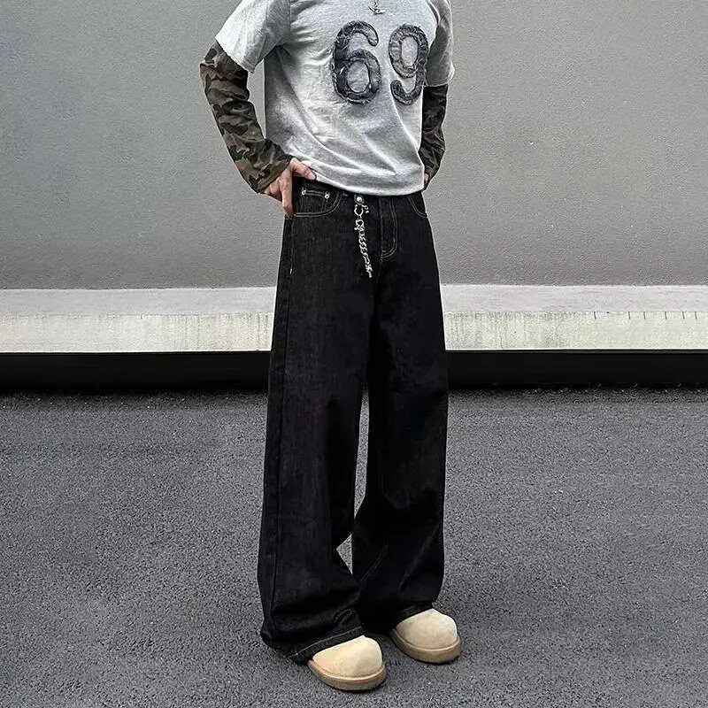 American Style Wide Leg Jeans Dark Blue Unisex Casual