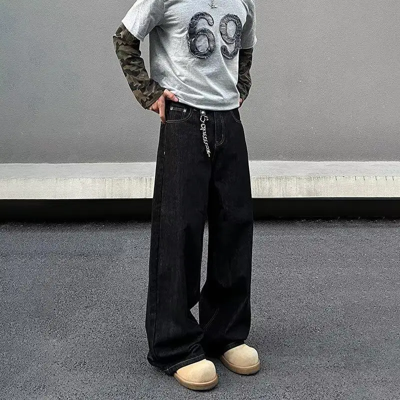 American Style Wide Leg Jeans Dark Blue Unisex Casual — feature 7