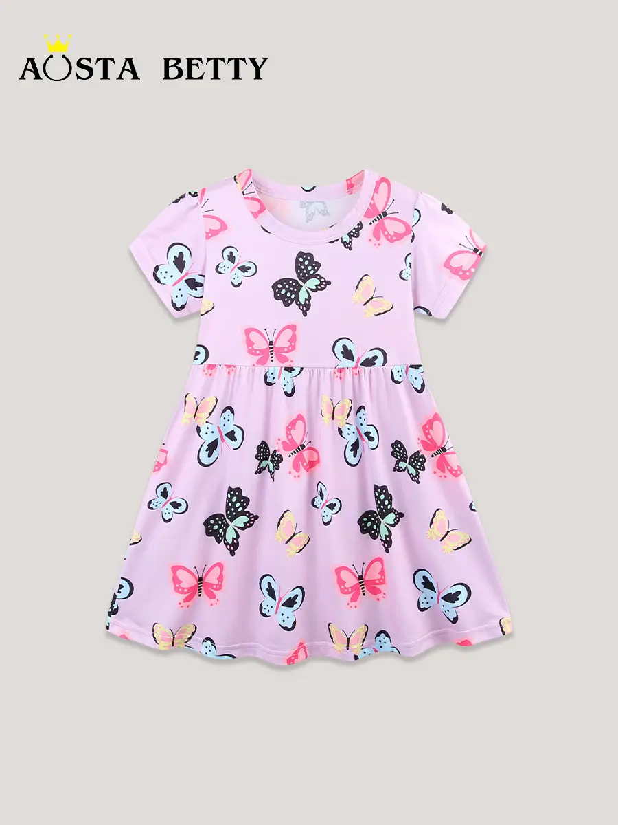 Girls Princess Dress Butterfly Print Short Sleeve Summer - Image 3