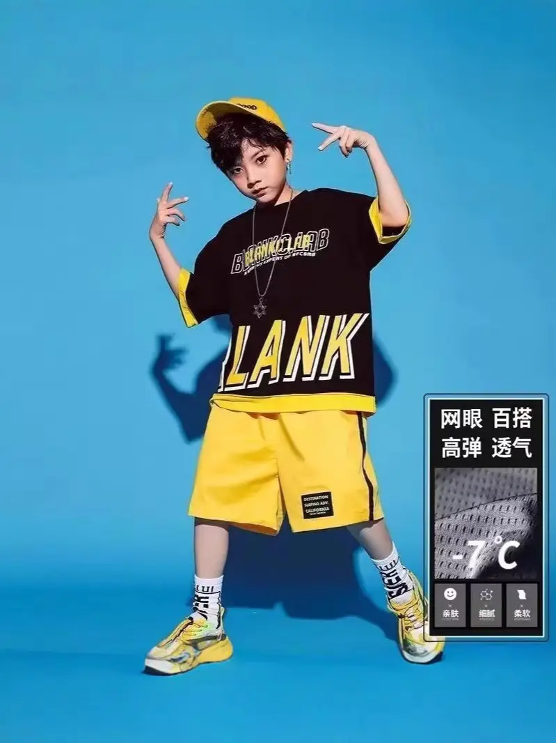 Children's Letter Print T-Shirt Shorts Set Yellow Black Summer Wear - Image 3