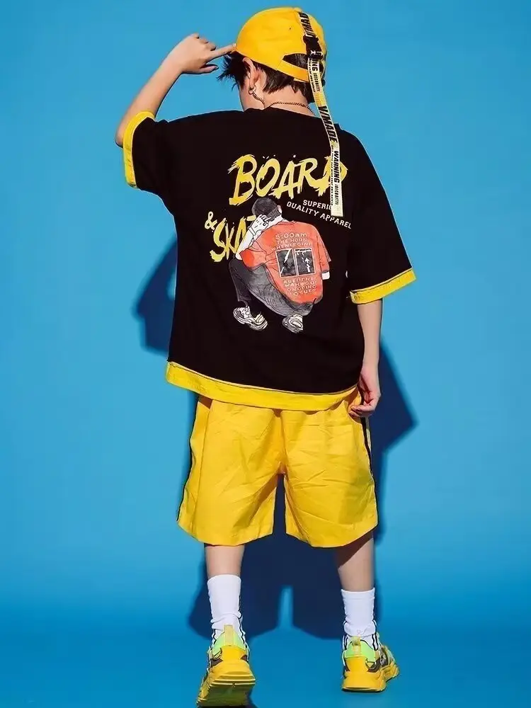 Children's Letter Print T-Shirt Shorts Set Yellow Black Summer Wear — feature 1