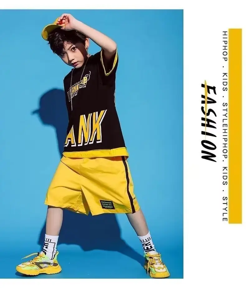 Children's Letter Print T-Shirt Shorts Set Yellow Black Summer Wear — feature 10