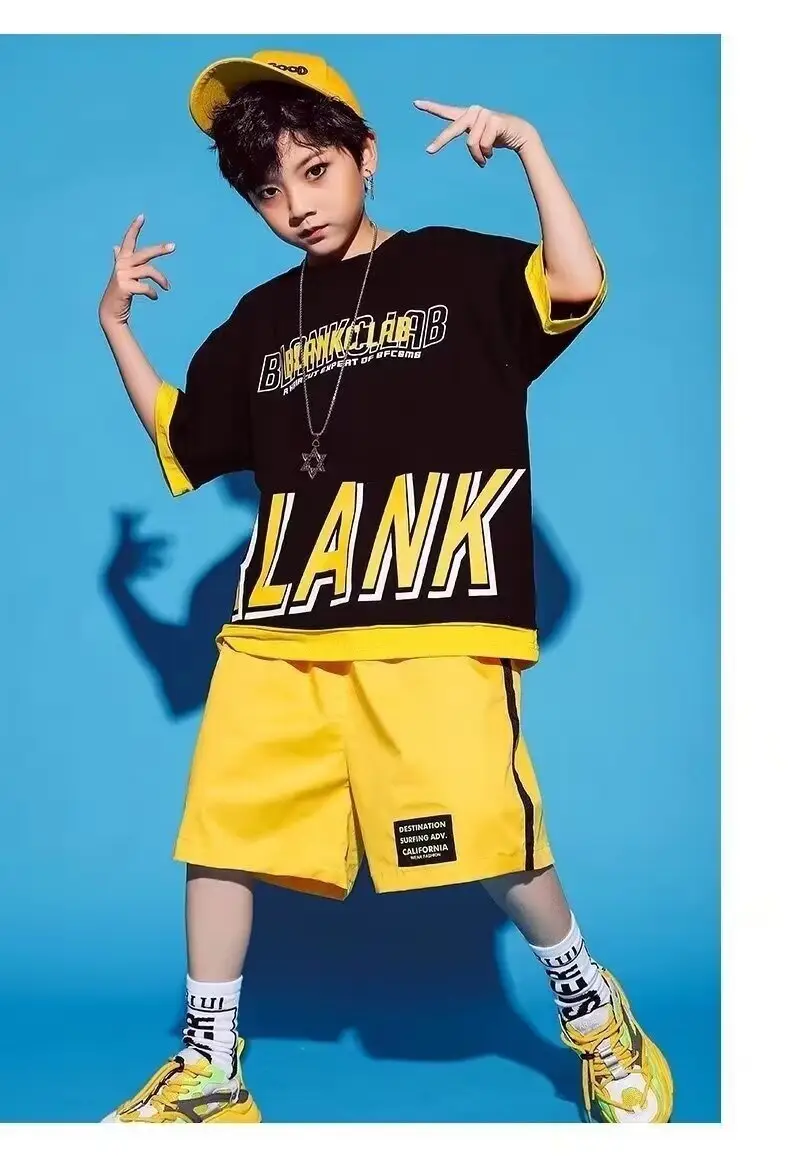 Children's Letter Print T-Shirt Shorts Set Yellow Black Summer Wear — feature 11