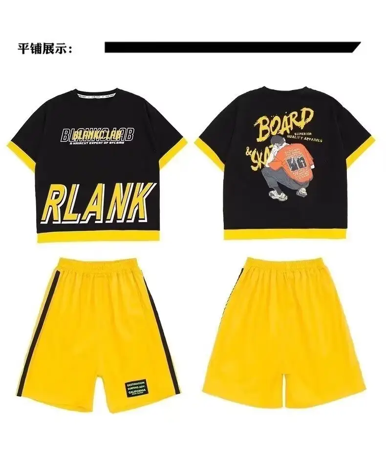 Children's Letter Print T-Shirt Shorts Set Yellow Black Summer Wear — feature 12