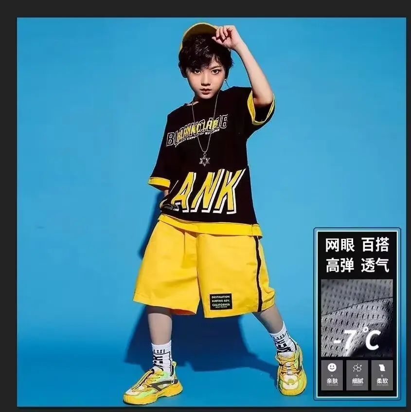 Children's Letter Print T-Shirt Shorts Set Yellow Black Summer Wear — feature 14