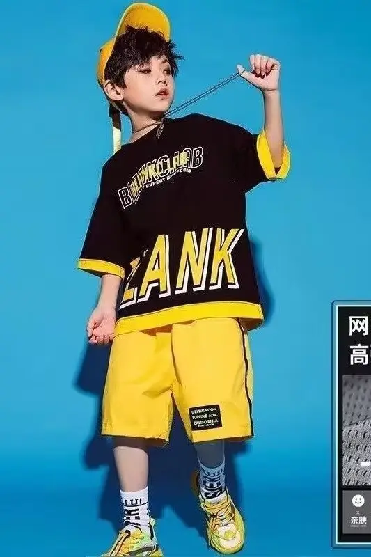 Children's Letter Print T-Shirt Shorts Set Yellow Black Summer Wear — feature 15