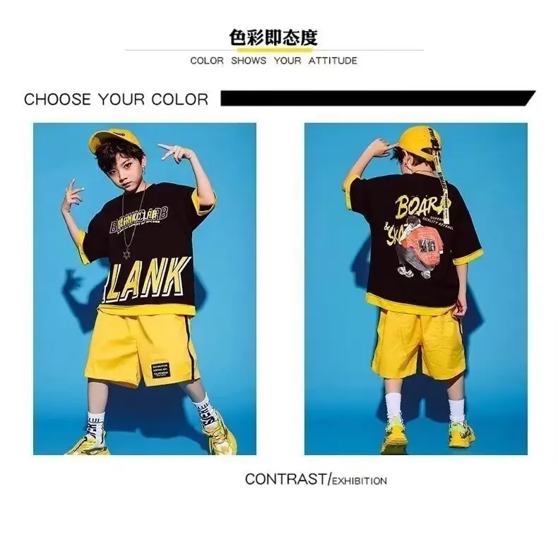 Children's Letter Print T-Shirt Shorts Set Yellow Black Summer Wear — feature 3