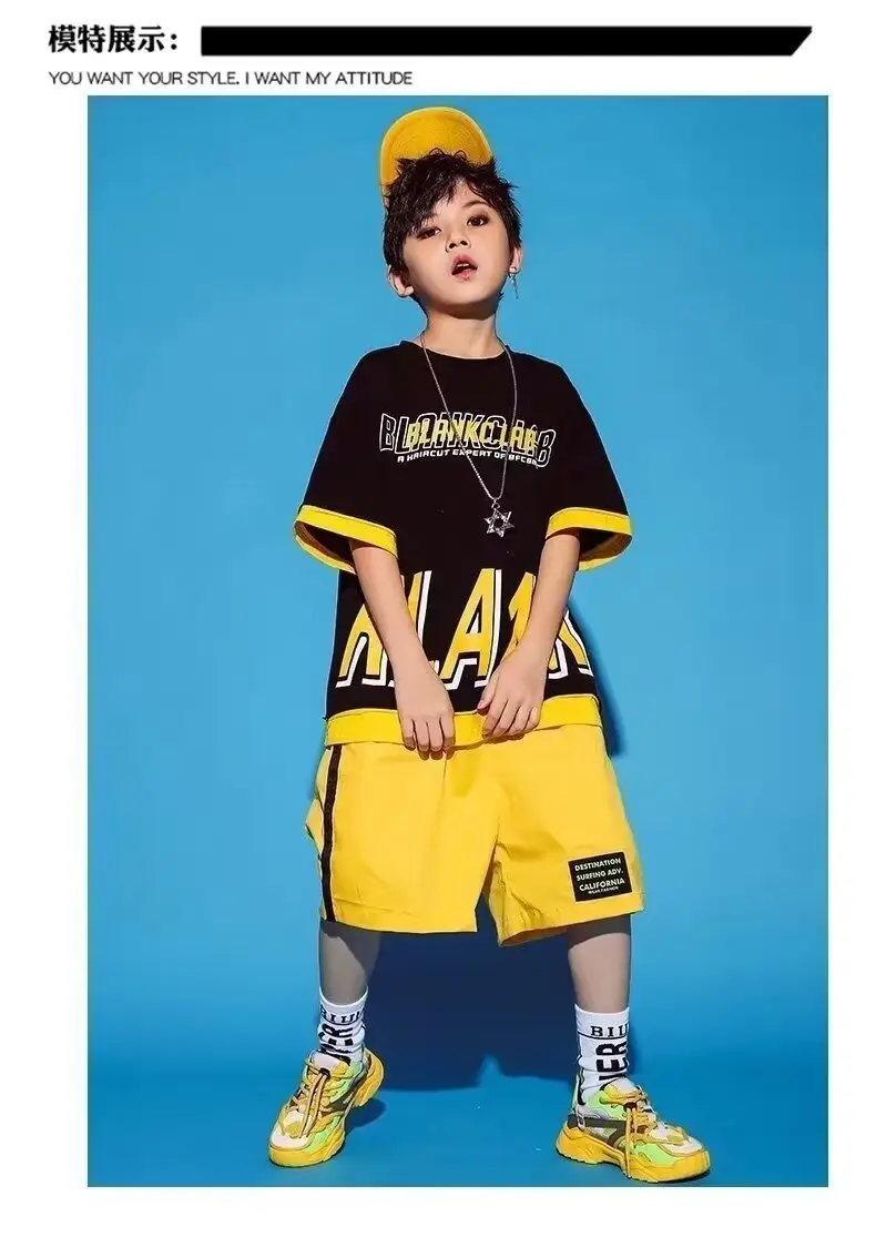 Children's Letter Print T-Shirt Shorts Set Yellow Black Summer Wear — feature 5