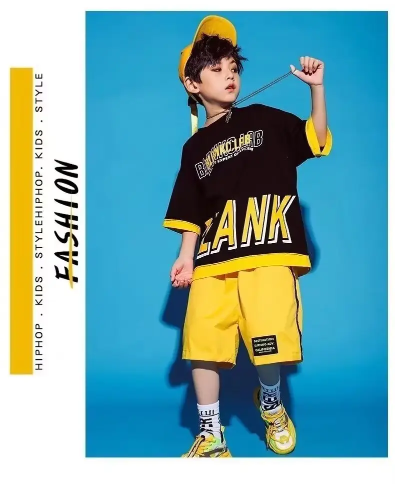 Children's Letter Print T-Shirt Shorts Set Yellow Black Summer Wear — feature 6