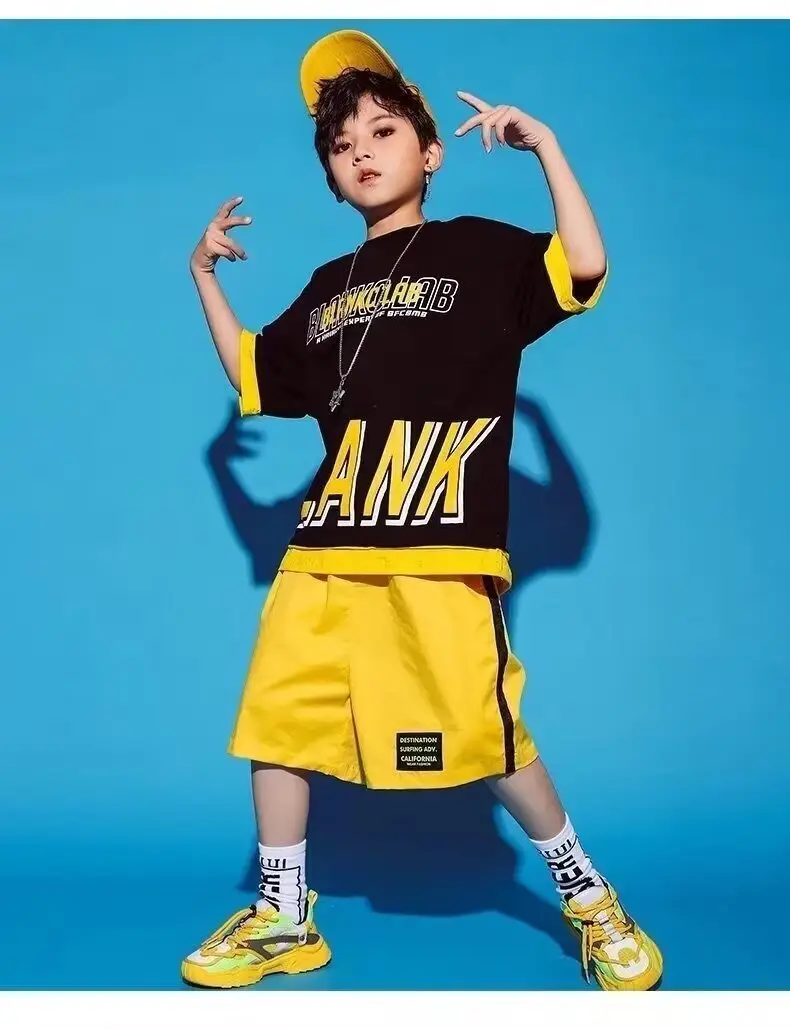 Children's Letter Print T-Shirt Shorts Set Yellow Black Summer Wear — feature 7