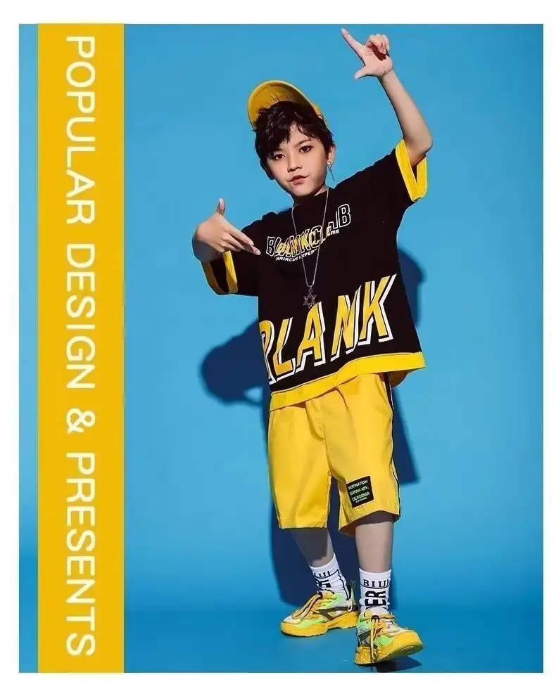 Children's Letter Print T-Shirt Shorts Set Yellow Black Summer Wear — feature 8