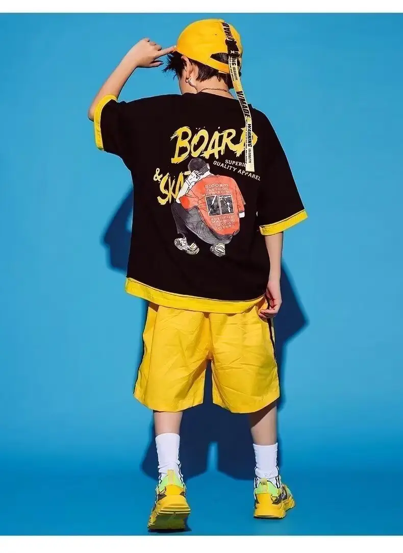 Children's Letter Print T-Shirt Shorts Set Yellow Black Summer Wear — feature 9