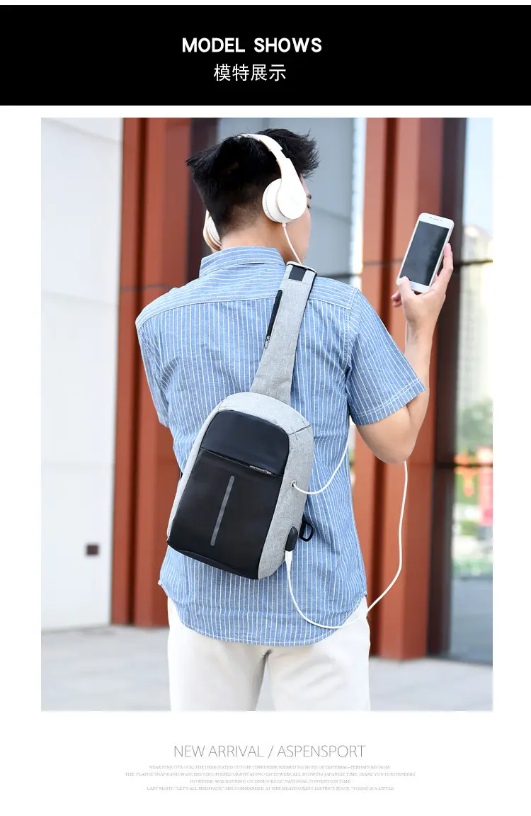 Men's Crossbody USB Charging Bag Grey Black — feature 14
