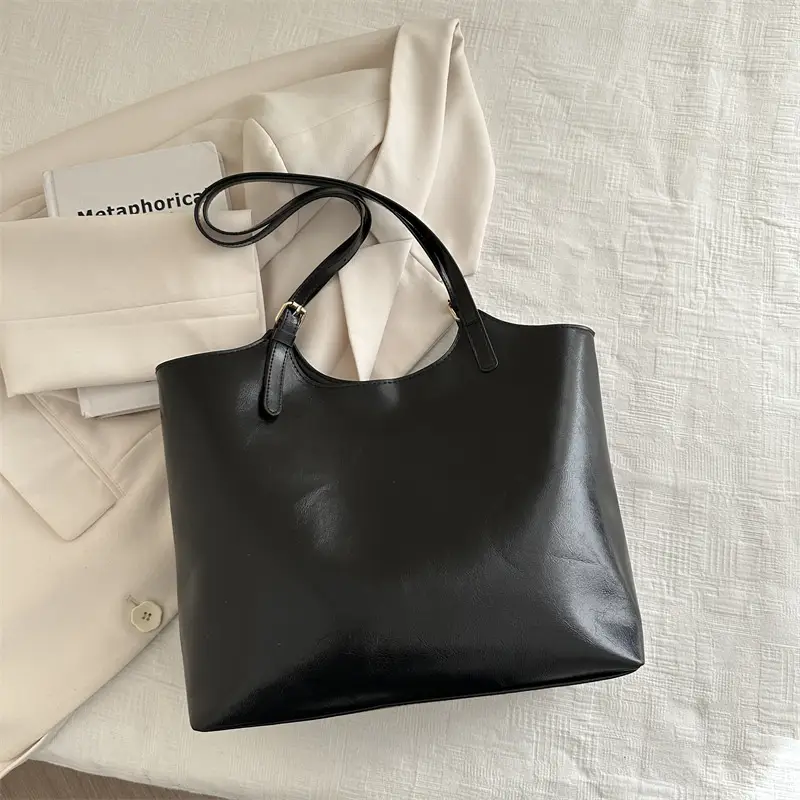 Vintage Black Leather Tote Bag for Women Large Capacity