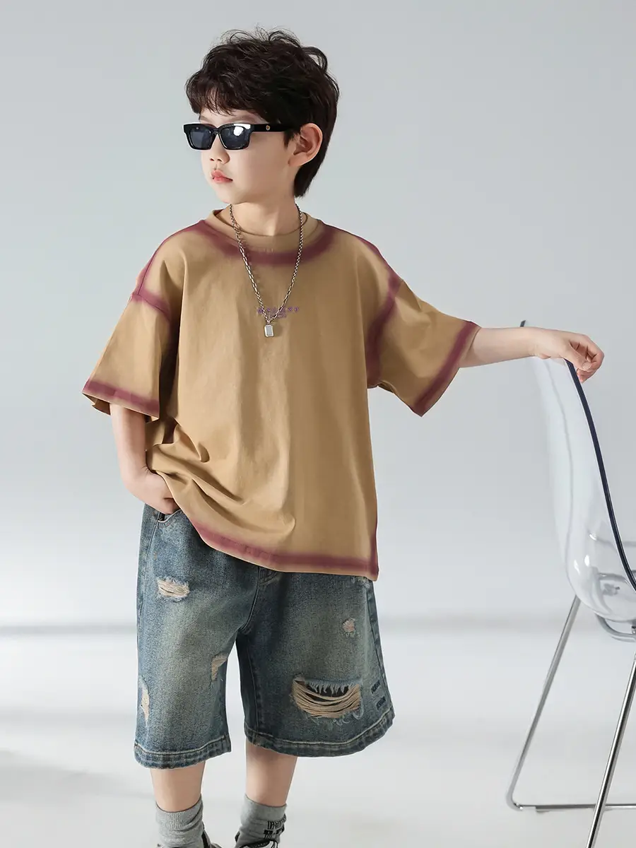 Boys Summer T-Shirt Shorts Set Brown Denim Shorts 2025 - Image 5