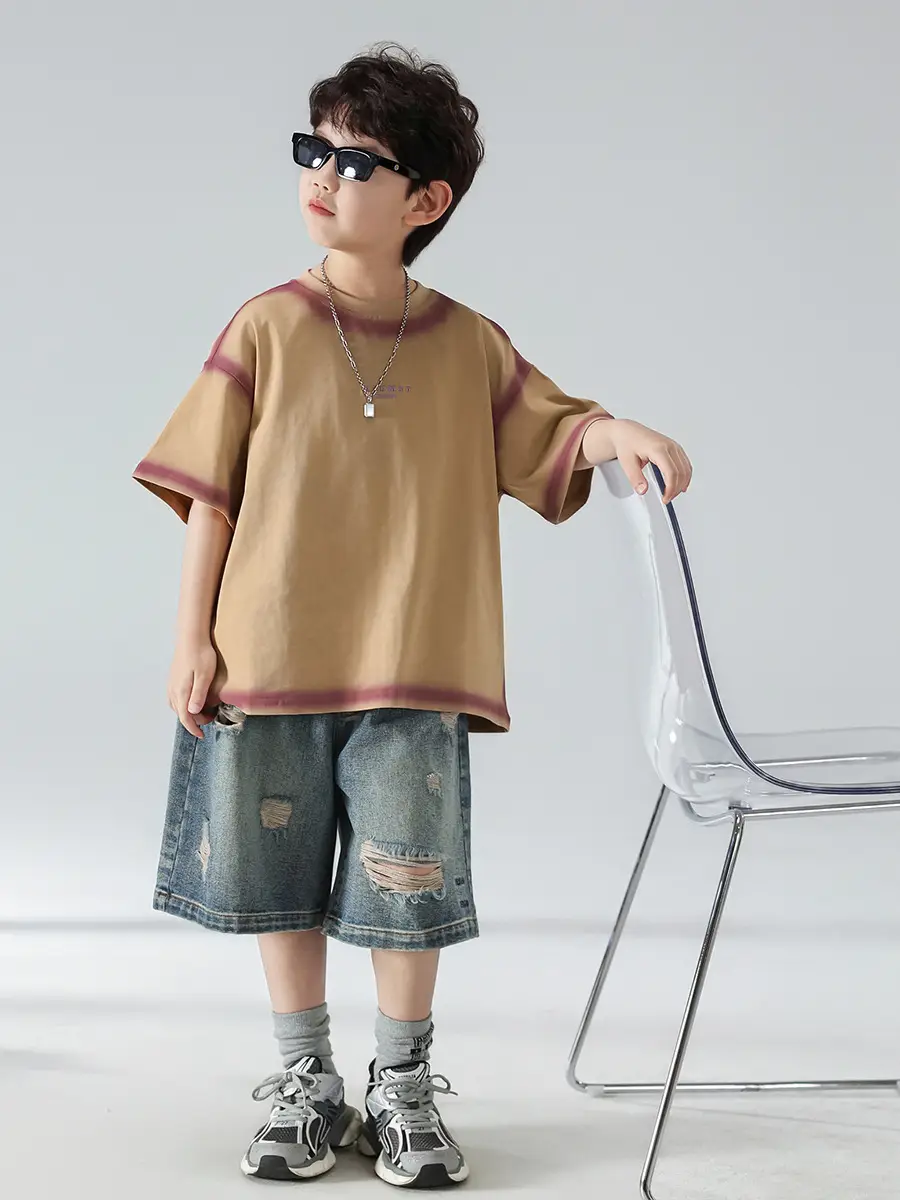 Boys Summer T-Shirt Shorts Set Brown Denim Shorts 2025 — feature 16