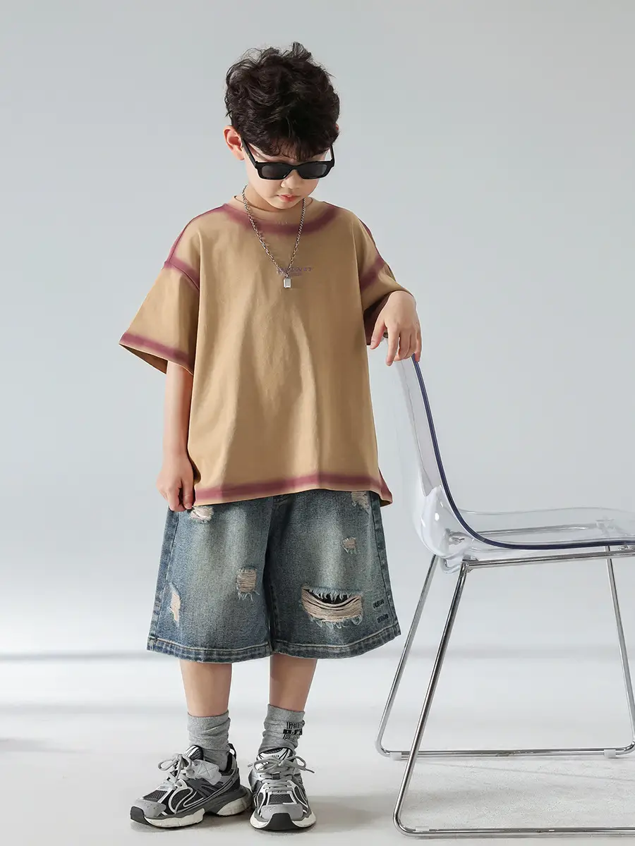 Boys Summer T-Shirt Shorts Set Brown Denim Shorts 2025 — feature 17