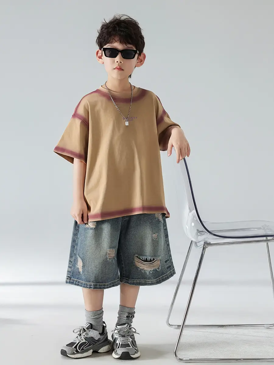 Boys Summer T-Shirt Shorts Set Brown Denim Shorts 2025 — feature 18