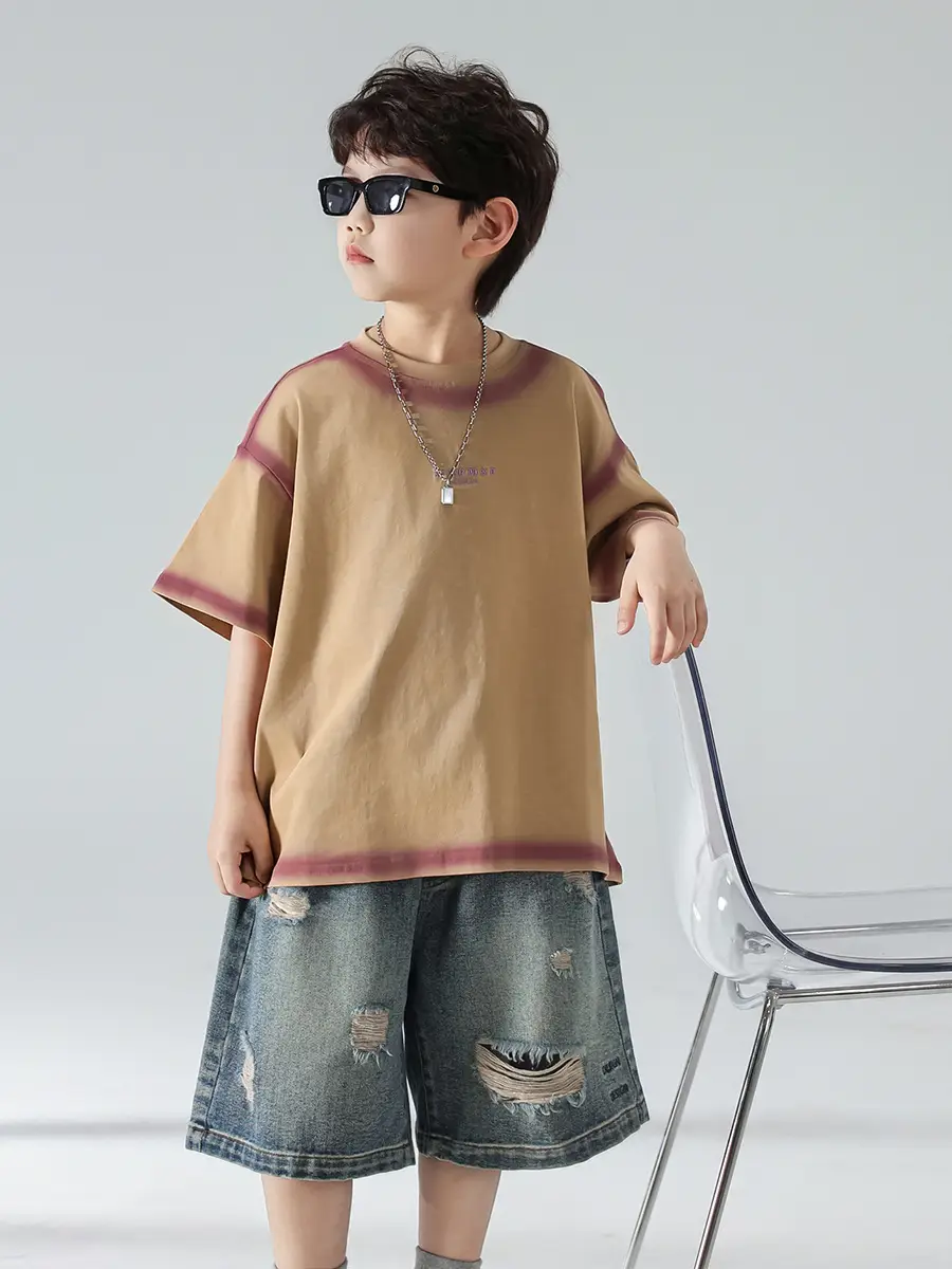 Boys Summer T-Shirt Shorts Set Brown Denim Shorts 2025 — feature 19