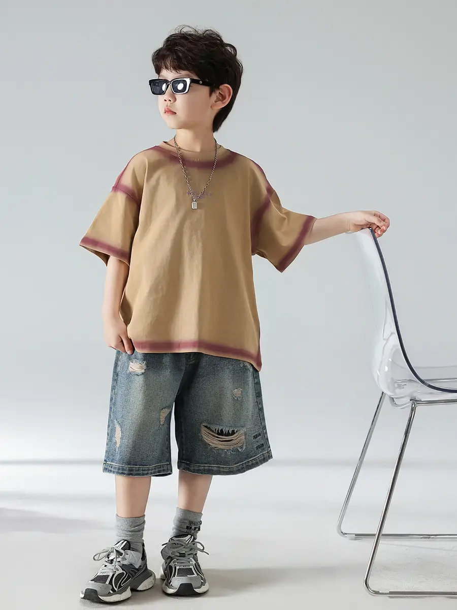 Boys Summer T-Shirt Shorts Set Brown Denim Shorts 2025 — feature 20