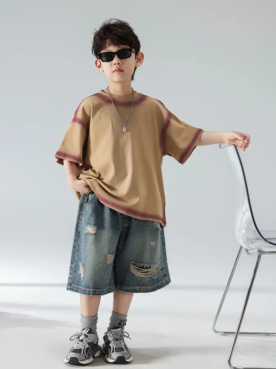 Boys Summer T-Shirt Shorts Set Brown Denim Shorts 2025 — feature 21