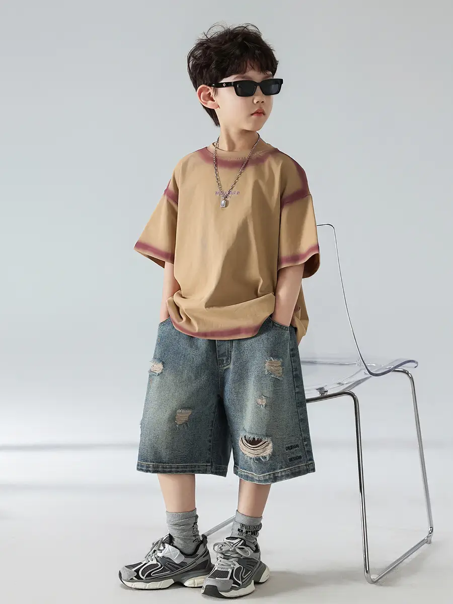 Boys Summer T-Shirt Shorts Set Brown Denim Shorts 2025 — feature 22
