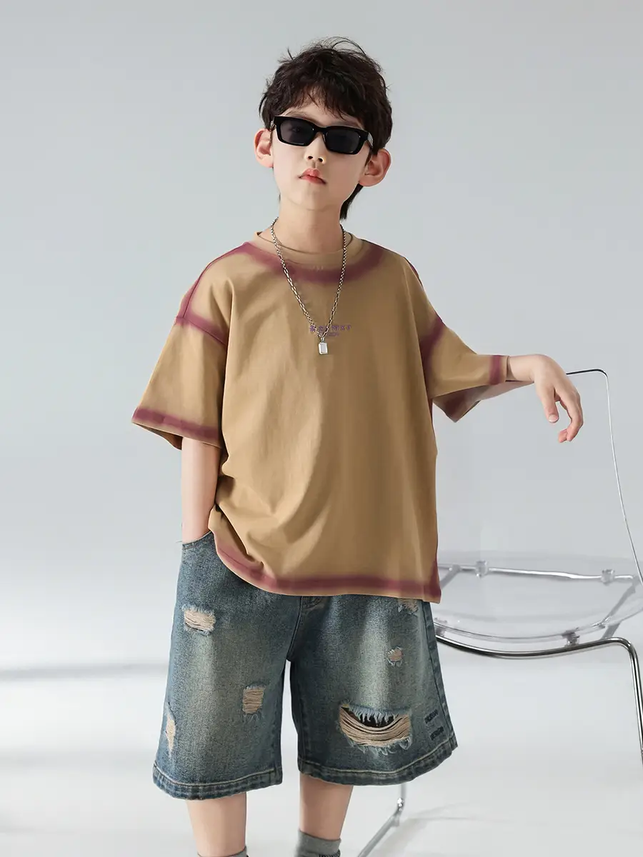 Boys Summer T-Shirt Shorts Set Brown Denim Shorts 2025 — feature 23
