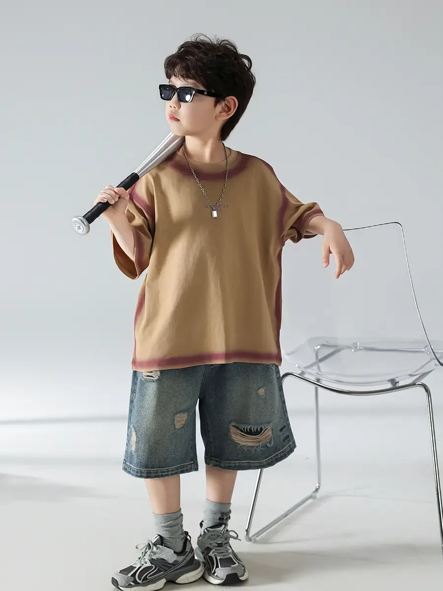 Boys Summer T-Shirt Shorts Set Brown Denim Shorts 2025 — feature 24