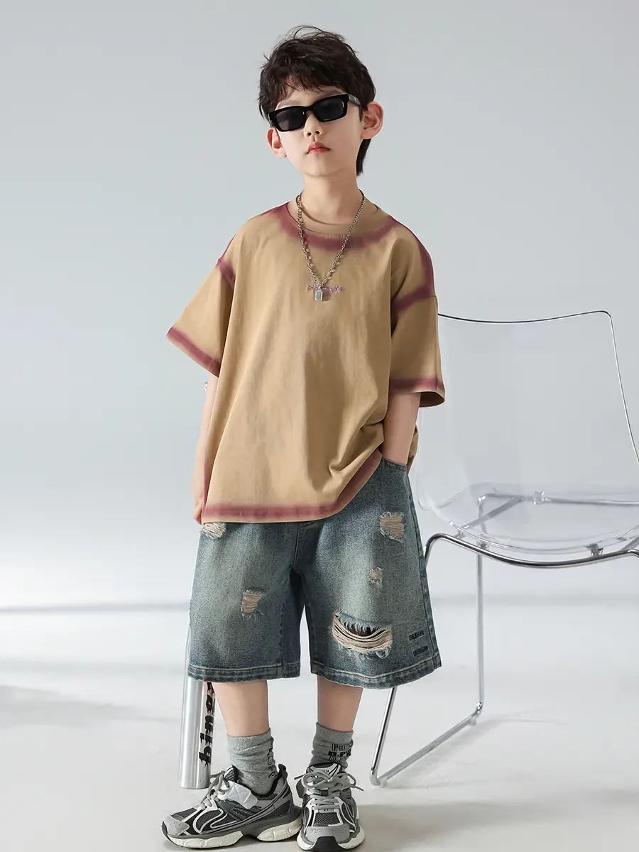 Boys Summer T-Shirt Shorts Set Brown Denim Shorts 2025 — feature 25