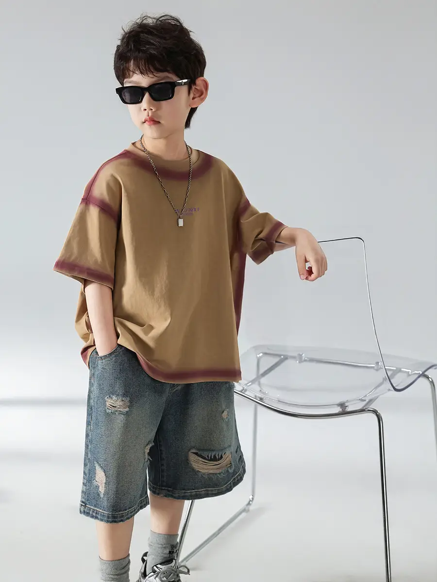Boys Summer T-Shirt Shorts Set Brown Denim Shorts 2025 — feature 5