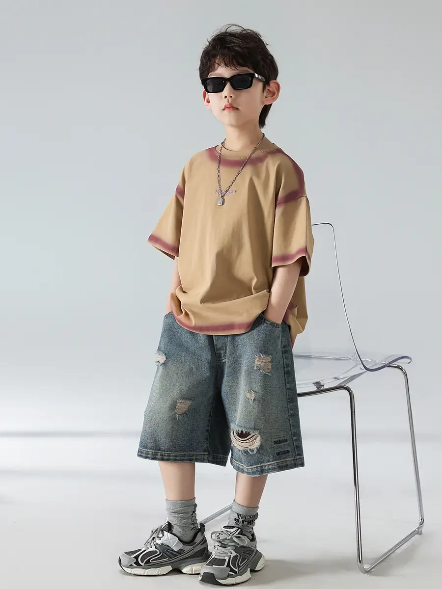 Boys Summer T-Shirt Shorts Set Brown Denim Shorts 2025 — feature 6