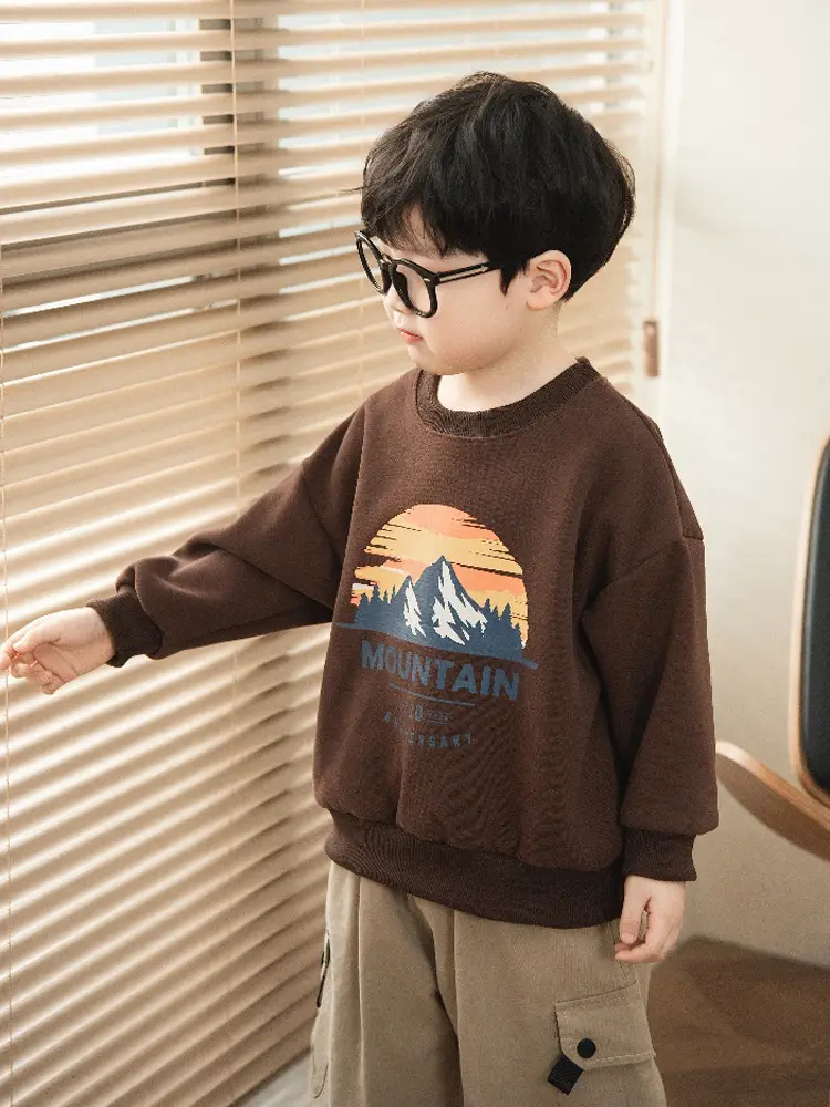 Boys Sweatshirt Mountain Print Long Sleeve Cotton Beige Large - Image 7