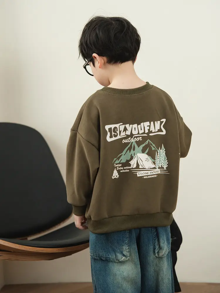 Boys Sweatshirt Mountain Print Long Sleeve Cotton Beige Large - Image 8