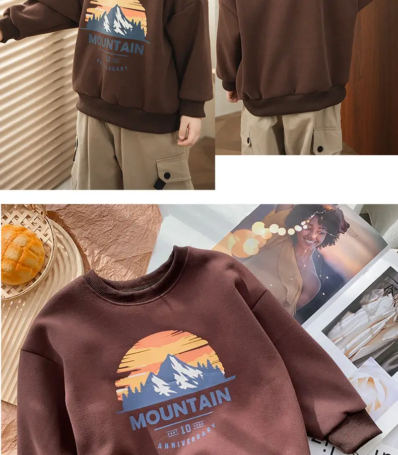 Boys Sweatshirt Mountain Print Long Sleeve Cotton Beige Large — feature 15