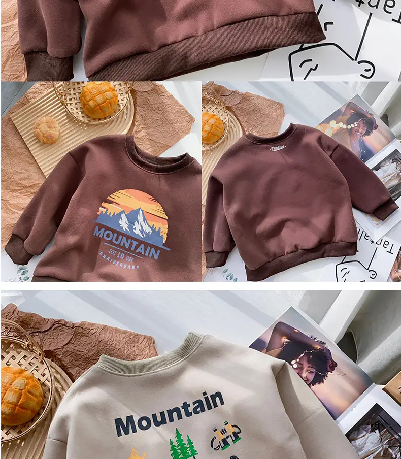 Boys Sweatshirt Mountain Print Long Sleeve Cotton Beige Large — feature 16